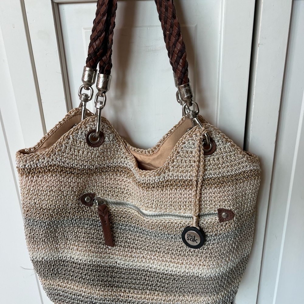 Ya Los Angeles Tan and Brown Hobo Shoulder Bag with Woven Design